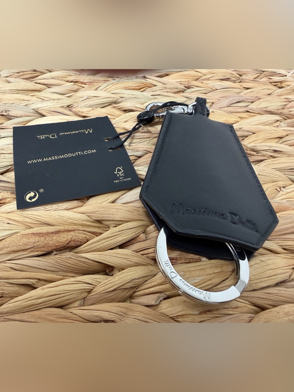 Massimo Dutti Black Leather Key & Card Holder with Polished Silver Ring